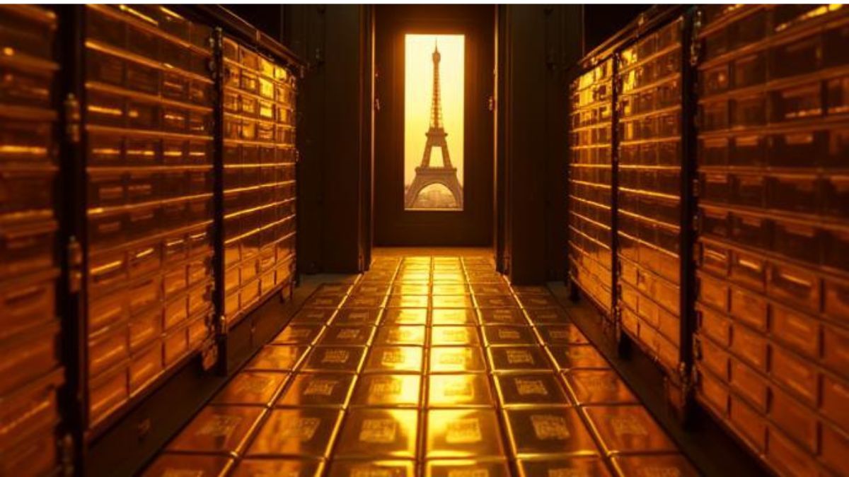 Gold bars stacked in a vault representing France's repatriation of gold reserves from New York to Paris